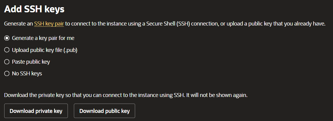 Oracle SSH key generation section showing Generate a key pair selected and the download private key button